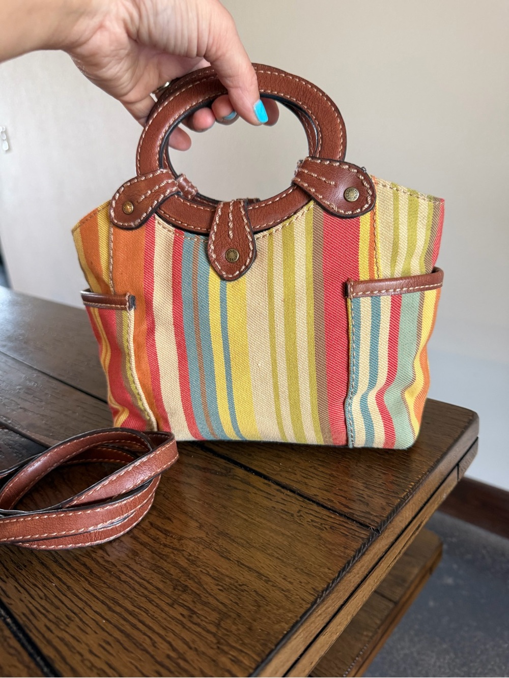 Vintage Fossil Canvas Boho Purse Multicolor Striped Bag Leather Shoulder Bag - Picture 8 of 15